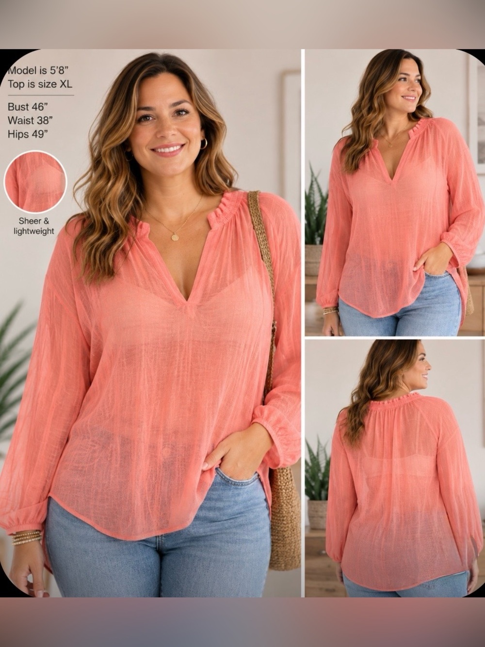 On 34th Macy's Coral Pink Boho Peasant Blouse Size Xl Summer NWT